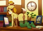 1girl all_fours animal_crossing anthro ass bent_over black_eyes blonde_hair blush breasts canine clock clothed clothing desk dog fur furry hair isabelle_(animal_crossing) jizzpope legwear looking_at_viewer looking_back mammal nintendo on_desk presenting presenting_hindquarters pussy raised_tail rear_view socks tail topless video_games yellow_fur