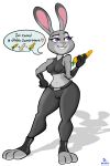 1girl anthro cameltoe carrot clothed clothing dialogue dildo disney drunkengeneral english_text food fur furry gloves grey_fur hand_on_hip high_res judy_hopps lagomorph mammal penis purple_eyes pussy rabbit rubber sex_toy shiny simple_background smile speech_bubble standing text vegetable wide_hips zootopia