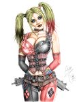 1girl armando_huerta batman:_arkham_city batman_(series) belt big_breasts blonde blue_eyes bra breasts cameltoe choker cleavage corset dc dc_comics elbow_gloves female_only gloves gun harley_quinn high_resolution lips long_hair multicolored_hair navel panties pants tattoo thong tied_hair twin_tails twintails underwear weapon