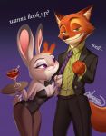 1boy 1girl anthro bedroom_eyes beverage blush bow_tie breasts bunnysuit canine citemer duo female fishnet_pantyhose food fox fur furry green_eyes grey_fur half-closed_eyes judy_hopps lagomorph long_ears male male/female mammal nick_wilde orange_fur playboy_bunny purple_eyes rabbit seductive standing suggestive suit tuxedo zootopia