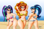 2016 3girls adagio_dazzle aria_blaze ass ass_crack bikini breasts cleavage equestria_girls friendship_is_magic hair hairband human long_hair looking_back multicolored_hair multiple_girls my_little_pony pink_eyes ponytail purple_eyes rainbow_rocks sling_bikini smile sonata_dusk twin_tails wide_hips