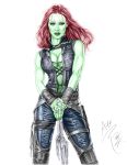  1girl 1girl actress armando_huerta big_breasts blue_eyes breasts celeb cleavage covered_breasts female_only gamora green_skin guardians_of_the_galaxy high_resolution legwear long_hair marvel marvel_comics pants red_hair sword weapon zoe_saldana 