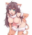  1girl animal_ears aqua_eyes bent_over big_breasts black_hair breasts cat_ears cat_paws cat_tail fang fur_trim hand_on_hip hasu_(hk_works) large_breasts long_hair looking_at_viewer monster_girl nekomimi nipples open_mouth original paws smile solo tail very_long_hair 