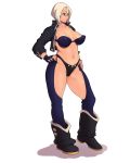 1_female 1_girl 1girl angel_(kof) bad_id bangs bikini_bottom blue_eyes boots bra breasts chaps cropped_jacket dracul erect_nipples female female_only fingerless_gloves gloves hands_on_hips highres jacket king_of_fighters large_breasts nail_polish navel nipples non-nude open_clothes open_jacket panties parted_bangs perky_breasts puckered_lips short_hair solo standing strapless_bra the_king_of_fighters underwear white_hair