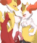 anatomically_correct anatomically_correct_penis animal_genitalia animal_penis anthro black_fur black_nose blush braixen breasts canine canine_penis chest_tuft chiji delphox dickgirl dickgirl/dickgirl dripping drooling duo erection fox frottage fur furry half-closed_eyes intersex intersex/intersex knot mammal multicolored_fur nintendo nipples penis pink_nipples pink_penis pokemon precum red_eyes red_fur red_penis saliva sex tongue tongue_out tuft video_games white_fur yellow_fur