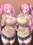 2_girls blush breasts happy huge_breasts long_hair looking_at_viewer pink_hair pregnancy_test smile thick_thighs thighs