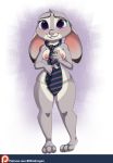 1girl 1girl 2016 anthro areola blithedragon blush breasts buckteeth disney fur furry grey_fur high_res judy_hopps lagomorph long_ears looking_at_viewer mammal neck_tie nipples patreon purple_eyes rabbit simple_background smile teeth zootopia