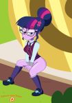 1girl bespectacled bottomless equestria_girls female female_only friendship_is_magic glasses hair_bun looking_at_viewer multicolored_hair my_little_pony nerd no_panties partially_clothed purple_eyes purple_skin school_uniform shiny shiny_skin short_hair sitting smile socks solo supesnsfw twilight_sparkle twilight_sparkle_(mlp)