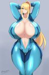 1girl 46ayamahi areola areola_slip big_breasts breasts huge_breasts metroid nintendo nipples samus_aran