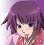  1girl bakemonogatari blue_eyes cum facial higashiyama_(artist) licking lowres monogatari_(series) purple_hair senjougahara_hitagi shiny smile solo tongue 