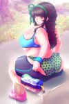 ass bbw big_ass big_breasts breasts brown_eyes brown_hair cleavage frilly_panties green_panties long_hair panties pants_down park polka_dot_panties ring shiny shiny_skin shorts shorts_down tank_top water water_bottle wide_hips