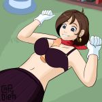 1girl ace_attorney black_bra black_skirt blue_eyes bouncing_breasts bra brown_hair capy_diem clavicle clothed clothing disembodied_penis gif gloves medium_breasts paizuri paizuri_under_clothes penis short_hair skirt smile trucy_wright