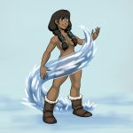  1girl avatar:_the_last_airbender bending blue_eyes boots brown_hair cover_up ice nude senna senna_(legend_of_korra) smile the_legend_of_korra twin_tails water 