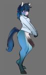 1girl 2016 anthro ass blue_eyes blue_fur blue_hair bottomless clothed clothing donkey equine eyewear fur furry glasses grey_background hair high_res hooves humanoid_penis long_hair looking_at_viewer male mammal penis raised_tail shy side_view simple_background sweater tail teeth tsampikos white_fur