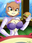 1_girl 2016 anthro big_breasts breasts burger bursting_breasts cleavage clothed clothing dalley-le-alpha_(artist) flower food furry green_eyes mammal nickelodeon plant rodent sandy_cheeks spongebob_squarepants squirrel wardrobe_malfunction