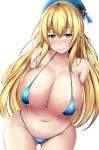 1girl arms_behind_back atago_(kantai_collection) beret bikini blonde_hair blue_bikini blue_eyes blush breasts cleavage hat huge_breasts kantai_collection long_hair micro_bikini navel simple_background swimsuit terakoya thighs white_background wide_hips