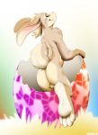  1girl 2013 4_toes absurd_res anthro ass backsack barefoot biceps blonde_hair digital_media_(artwork) digitigrade easter_egg egg eyebrows foot_focus fur furry girly gloves_(marking) gradient_background grey_fur hair highres hindpaw lagomorph leaning leaning_forward long_ears looking_at_viewer looking_back male mammal markings multicolored_eyes multicolored_fur nude on_one_leg pawpads paws playful rabbit rainbow_eyes raised_leg raised_tail rear_view seductive shiuk simple_background smile socks_(marking) standing tail tan_fur testicles toes white_fur 