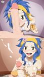 1girl big_penis blue_hair blush breasts brown_eyes cum eyebrows facejob fairy_tail flower hair handjob levy_mcgarden long_hair massive_penis nipples open_mouth penis penis_on_face penis_on_head smile whentai