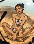 1girl barefoot bb-8 black_hair blush breasts cleavage crossed_legs droid feet ganassa hair_bun human light-skinned looking_at_viewer nude outside rey robot signature sitting smile star_wars sweat the_force_awakens tied_hair toes