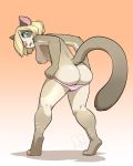 1girl 1girl 2016 anthro areola ass blonde_hair blue_eyes breasts cat clothing feline furry gradient_background hair hair_over_eye high_res kittydee looking_back mammal nipples open_mouth panties raised_heel short_hair simple_background striped_panties underwear