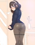 1boy ass black_legwear blush bulge crossdressing femboy girly heavy_breathing highres inuhasiru looking_at_viewer looking_back male_focus no_pants panties pantyhose pixiv_manga_sample resized solo trap turtleneck underwear