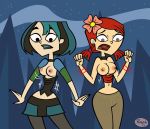 black_eyes black_hair braided_hair breasts brown_eyes cartoon_network dyed_hair flashing goth green_hair gwen_(tdi) hourglass_figure nipples pale-skinned_female red_hair thick_ass thick_legs thick_thighs total_drama_island two_tone_hair wasp_waist zoey_(tdi)