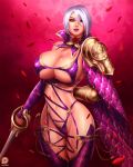 1girl alluring arm_behind_back armor bangs big_breasts breasts choker cleavage clothed cosplay crossover earings female female_only fingerless_gloves fiora_laurent garter_straps gloves hair highres holding holding_weapon huge_breasts isabella_valentine isabella_valentine_(cosplay) ivy_valentine jewelry large_breasts league_of_legends looking_at_viewer pauldrons rapier revealing_clothes side_boob single_gauntlet solo soul_calibur soulcalibur_iv standing svoidist_(artist) sword thigh_strap underboob weapon