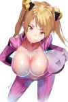 1girl bakuon!! bent_over big_breasts blonde_hair breasts hair hews_hack long_hair looking_at_viewer orange_eyes smile suzunoki_rin sweat twin_tails