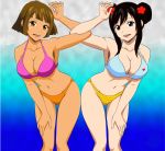  2girls aged_up andrewtodaro bikini breasts brown_eyes brown_hair crossover dark-skinned_female deviantart dora_marquez dora_the_explorer kai-lan_chow latina mexican multicolored_bikini multicolored_swimsuit multiple_girls ni_hao_kai-lan nick_jr. nickelodeon swimsuit 