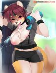 1girl 1girl 2016 anthro blush breasts brown_nose canine clothing day furry headband high_res mammal nipples outside patreon pink_eyes sharp_teeth shorts sweat teeth tongue tongue_out tsampikos water_bottle wet