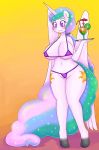  1girl anthro basketgardevoir big_breasts bikini blush bra breasts cameltoe clothing cutie_mark drink earrings equine feathered_wings feathers friendship_is_magic furry glass high_res horn jewelry large_breasts long_hair multicolored_hair my_little_pony navel nipples panties princess_celestia purple_eyes slave smile solo standing swimsuit tray very_long_hair white_feathers white_fur white_skin wide_hips wings 