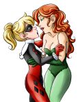 2_girls 2girls art babe bare_shoulders batman_(series) blonde_hair blush bodysuit breasts cleavage dc_comics dc_universe dcau eye_contact gloves green_clothes green_gloves hair half-closed_eyes harley_quinn hugging incipient_kiss ivyquinn leotard lips lipstick long_hair looking_at_another love makeup multiple_girls mutual_yuri neck orange_hair poison_ivy red_lipstick scuttlebuttink_(artist) short_hair standing strapless twin_tails white_background yuri