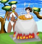  big_breasts cooking cooking_pot dark-skinned_female eaten_alive elena makoto street_fighter street_fighter_iii street_fighter_iv super_street_fighter_iv video_game_franchise white_hair 