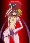 1girl ai-chan ai_kaminari blonde_hair breasts center_opening glasses green_eyes hat hirokawa_hiroshi hirokawa_kouichirou kaminari_ai open_clothes open_shirt shirt small_breasts solo sunglasses tatsunoko_production thigh_gap thighs time_bokan_(series) undressing unzipped yatterman