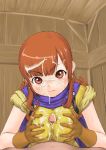 1girl alena_(dq4) breasts censored chunsoft cum cum_on_body cum_on_breasts cum_on_upper_body curly_hair dragon_quest dragon_quest_iv enix facial gloves makochin paizuri paizuri_over_clothes penis pov red_eyes red_hair solo_focus