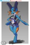  blue_body blue_skin breasts clothed clothing digital_media_(artwork) fanart furry jackintaro looking_at_viewer nintendo orange_eyes pokemon shorts simple_background swampert under_boob 