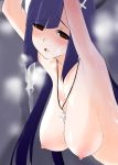  1girl armpits arms_up breasts cross cum empty_eyes facial hanging_breasts ichigo_shorts kannagi large_breasts long_hair nipples red_eyes solo zange 