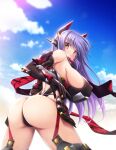 1girl alluring armor ass bare_shoulders big_breasts brown_eyes cameltoe elbow_gloves from_behind gloves headgear high_res horns leotard long_hair looking_back poppi_(xenoblade) poppi_qtpi_(xenoblade) purple_hair shiny_skin shiragi sideboob stockings thong thong_leotard torn_clothes torn_leotard very_long_hair xenoblade_(series) xenoblade_chronicles_2