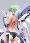 1girl anime armor ass bikini_bottom detached_sleeves ecchi electricity green_eyes green_hair gun gundam hi-nu hi-nu_gundam highres machine mecha_musume panties personification solo tattoo thighhighs topless weapon zhenlin