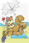 1girl anus ass beach big_breasts black_eyes breasts furry heart looking_at_viewer nipples ocean pussy sandy_cheeks smile spongebob_squarepants tail umbrella