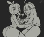 big_breasts body_writing breast_press creepy_susie goth hairband halloween happy_halloween heart hex_maniac huge_breasts looking_at_viewer monochrome panties pokemon ribbon shirt_lift sweatdrop symmetrical_docking the_oblongs