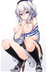  1girl bare_shoulders beret big_breasts black_legwear blue_eyes blush breasts cute employee_uniform hat kantai_collection kashima_(kantai_collection) kneehighs kotonoha_zaja large_breasts lawson looking_at_viewer miniskirt nipples panties shoes short_hair silver_hair simple_background skirt smile solo squatting twintails underwear uniform unzipped wavy_hair white_background white_hair white_panties 