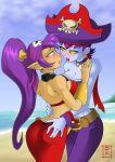 2girls arabian_clothes ass ass_grab beach big_ass big_breasts bluntkatana blush breasts cleavage dark_skin genie hugging interracial looking_at_another love ocean pirate risky_boots shantae shantae_(character) symmetrical_docking yuri