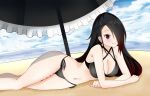 beach beach_umbrella before_sex big_ass big_breasts bikini booty_calls looking_at_viewer looking_pleasured raven_(booty_calls) side-tie_bikini