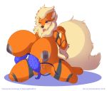  1girl anthro arcanine big_breasts blush bra breasts canine clothing fur furry hair huge_breasts hyper hyper_breasts kneel lactating mammal markings milk neck_tuft nintendo nipples nude orange_fur peridotkitty pokemon purple_eyes pussy thick_thighs tongue tuft underwear undressing video_games 