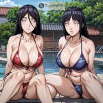 2girls big_breasts black_hair brown_hair cleavage grey_eyes hanabi_hyuuga hinata_hyuuga lostking0011 naruto naruto_shippuden silf silfs sisters swimming_pool tagme