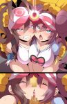 2_girls baseball_cap big_breasts blue_eyes brown_hair closed_eyes hilda_(pokemon) hypno hypnosis kissing konno_tohiro long_hair pokemon rosa_(pokemon) saliva tongue visor_cap