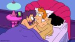  1boy 2girls amy_wong bed cuddling futurama kif_kroker nude philip_j._fry smile spider-matt turanga_leela 