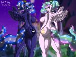 1girl 2016 abstract_background absurd_res anthro anthrofied ass big_breasts breasts cute duo equine feathered_wings feathers friendship_is_magic furry green_eyes hair high_res horn horse imdudrjsmi looking_at_viewer looking_back mammal multicolored_hair my_little_pony nipples outside pink_eyes princess_celestia_(mlp) princess_luna_(mlp) rear_view smile translucent_hair wide_hips winged_unicorn wings