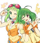 2girls \\m/ \m/ ahoge art bad_id blush bow crossover dress goggles goggles_on_head green_eyes green_hair gumi headset macross macross_frontier maruki_(punchiki) microphone multiple_girls nakajima_megumi one_eye_closed ranka_lee red_eyes seikan_hikou seiyuu_connection short_hair simple_background smile star vocaloid white_background wink